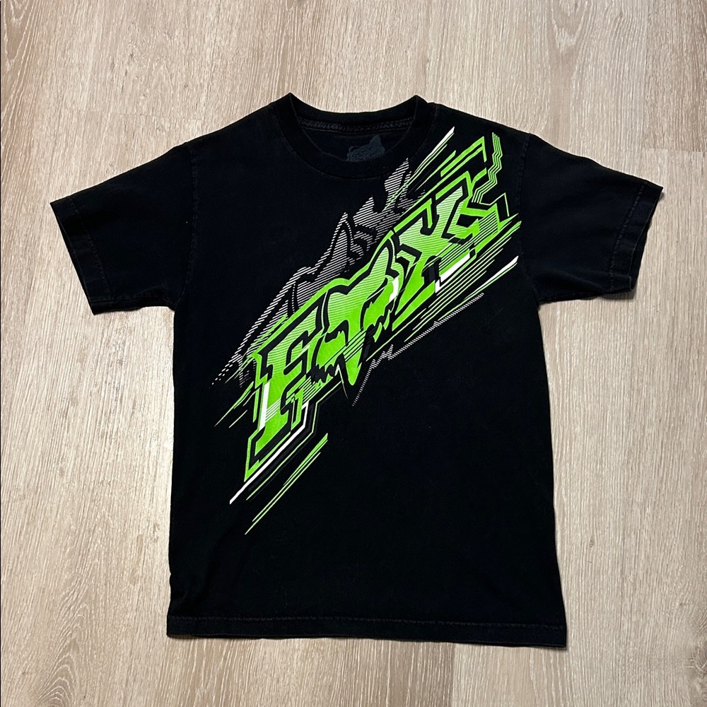Fox  Racing Vintage Black Tee with Neon Green Logo Graphic Design Sz Small